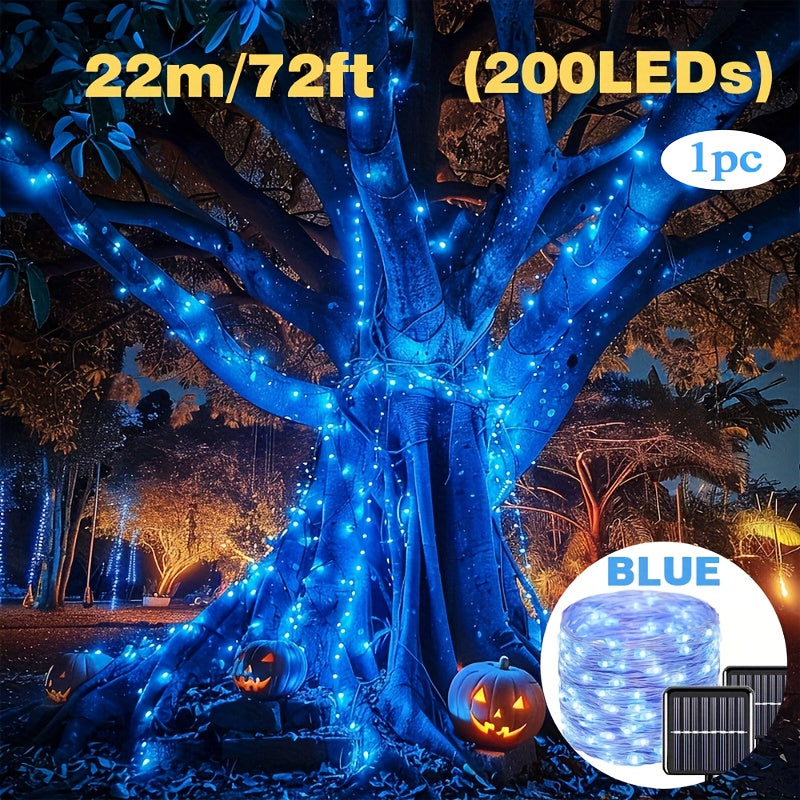 Blue Copper Wire String Lights Solar Powered Dimmable 8 Modes