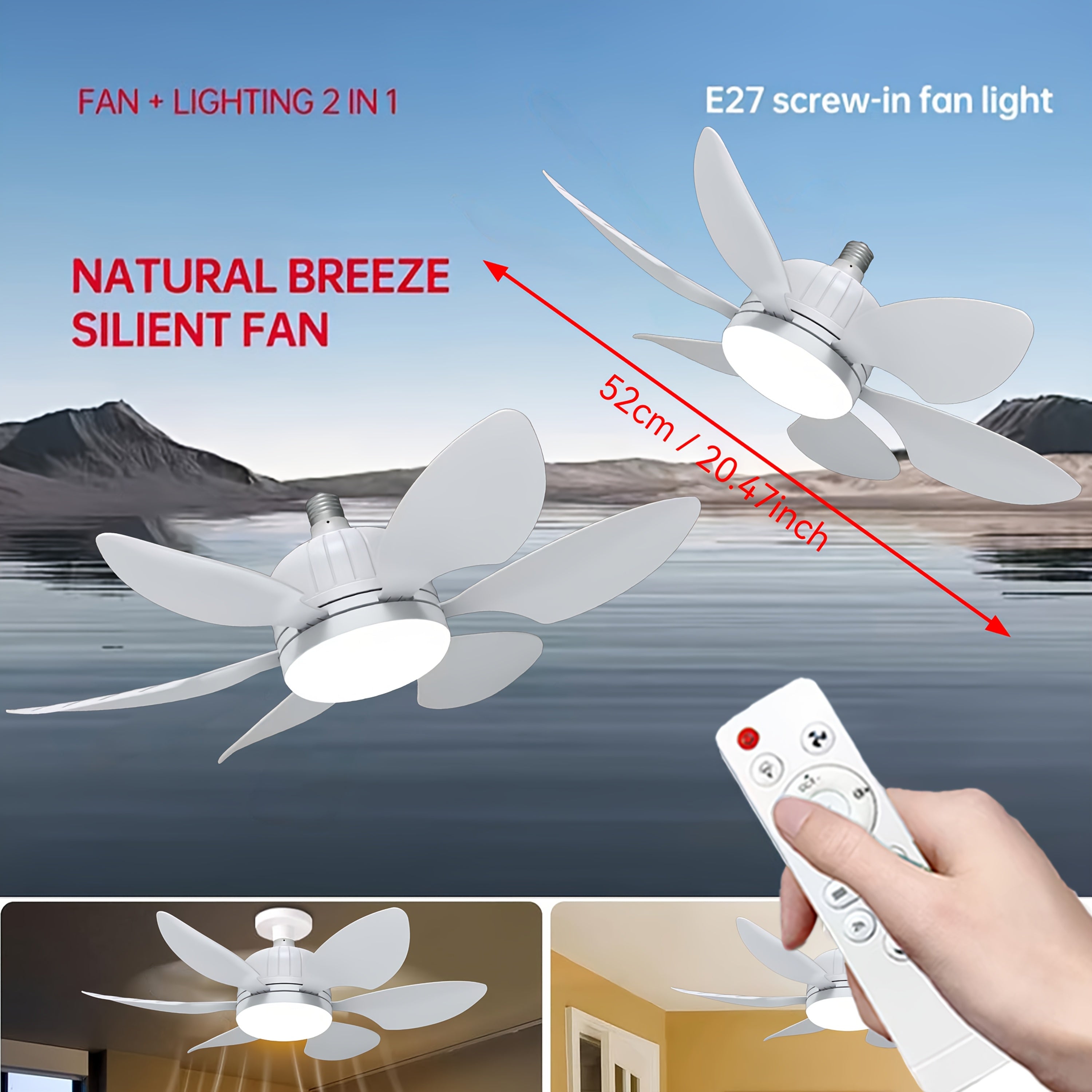 40W White Ceiling Fan Light with Remote Control 51.99cm E26/E27 Dimmable 3-Speed with Memory
