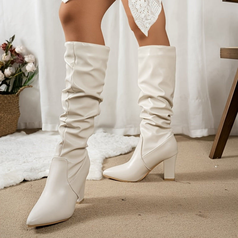 Women's Pointed Toe Chunky Heel Mid-Calf Boots Synthetic Cover All-Season