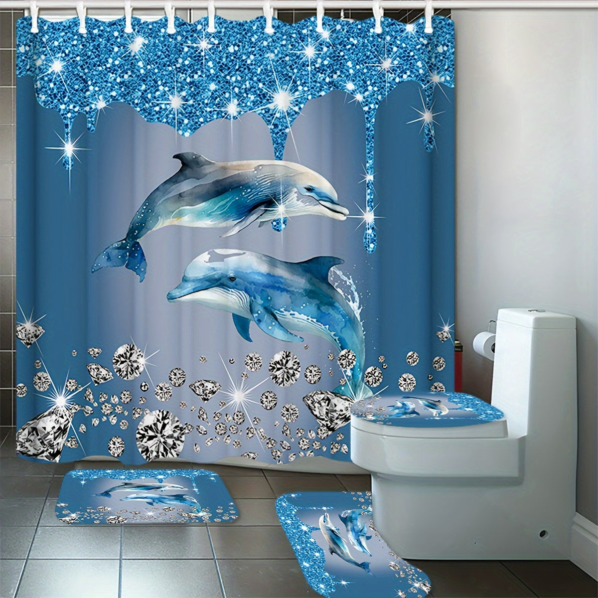 Dolphin Shower Curtain Set with Bath Mat Waterproof Polyester Ocean Theme Bathroom Decor