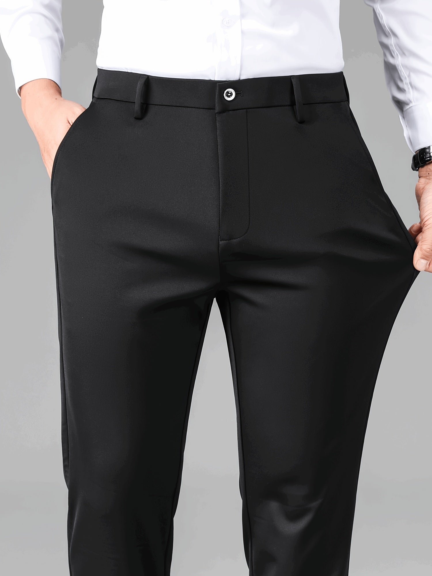 Pantalones de vestir semi-formales negros para hombre, tela elástica resistente a las arrugas, con bordado de insignia, para todas las estaciones, casual de negocios