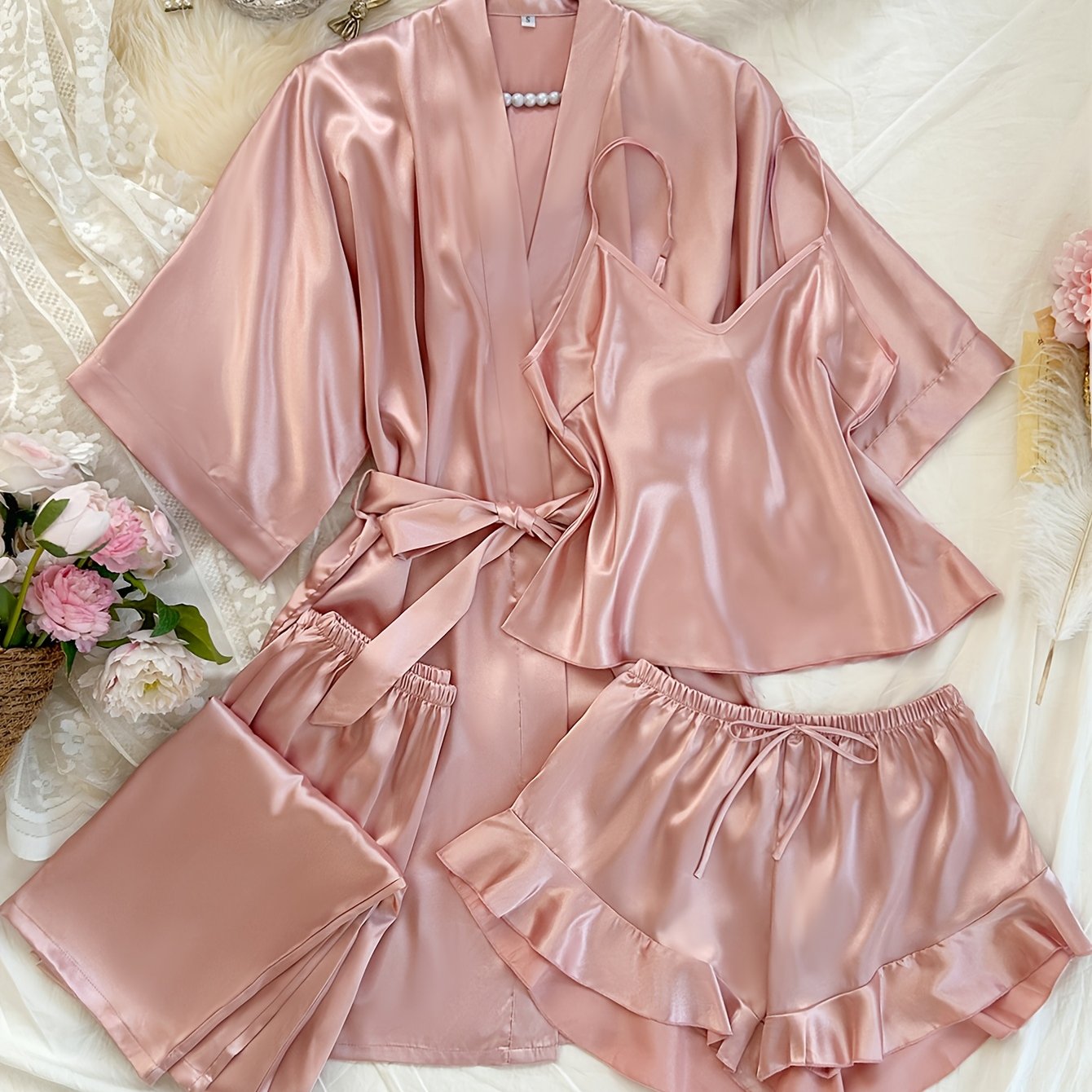 Women's V-Neck Sleepwear Set with Long Pants 4 Pieces Polyester Solid All-Season