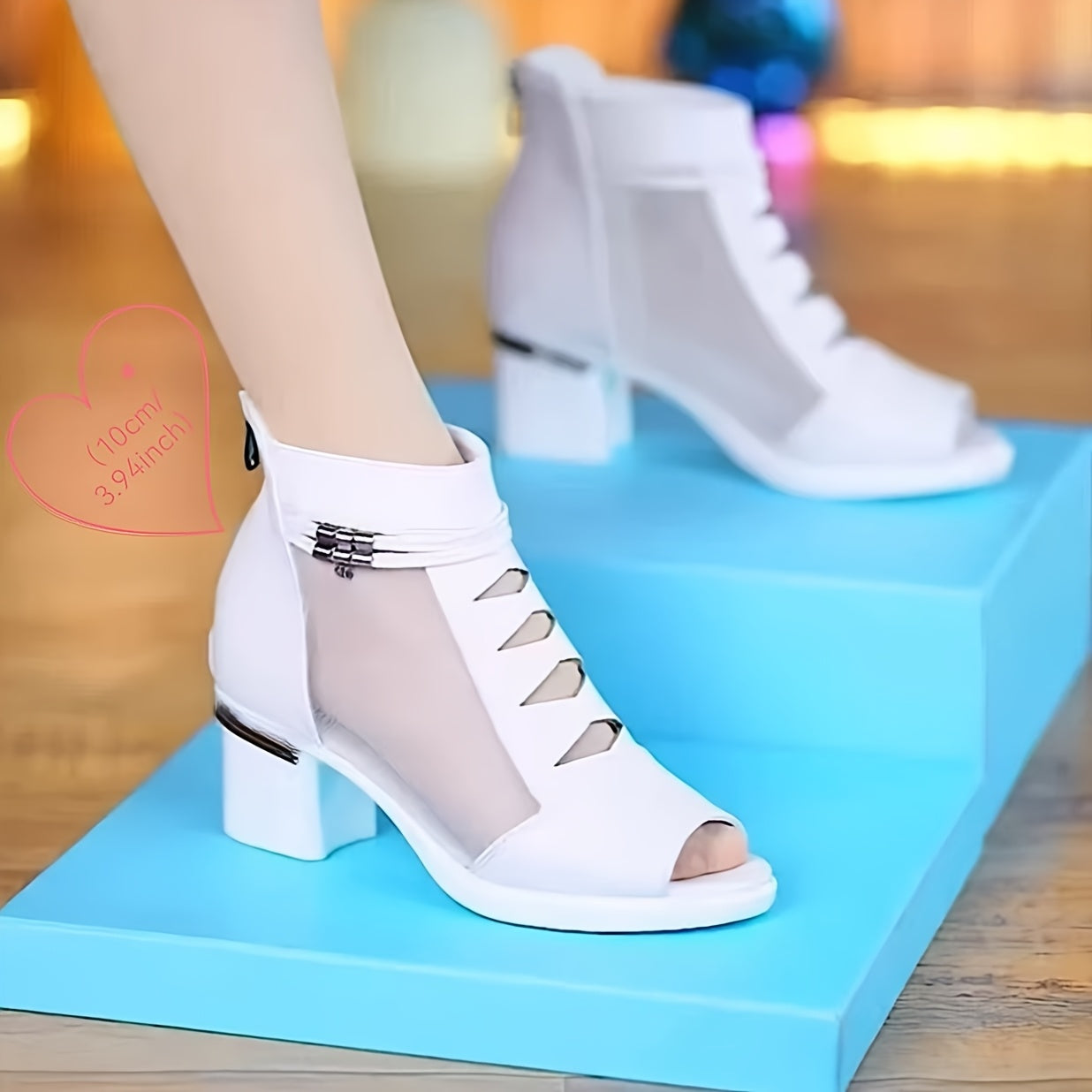 Women Short Boots Netting Block Heel Open Toe Summer Zipper Rubber Sole