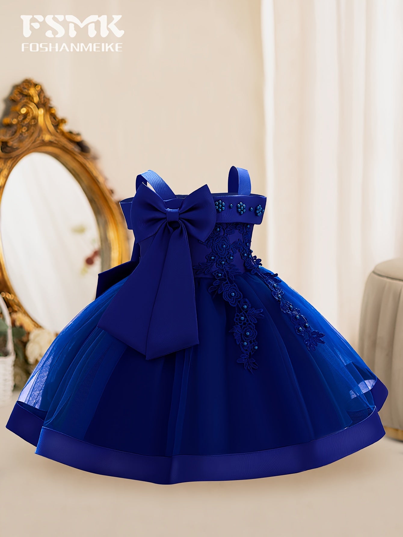 Girls Sleeveless Flower Embroidered Midi Dress with Bowknot for Formal Parties