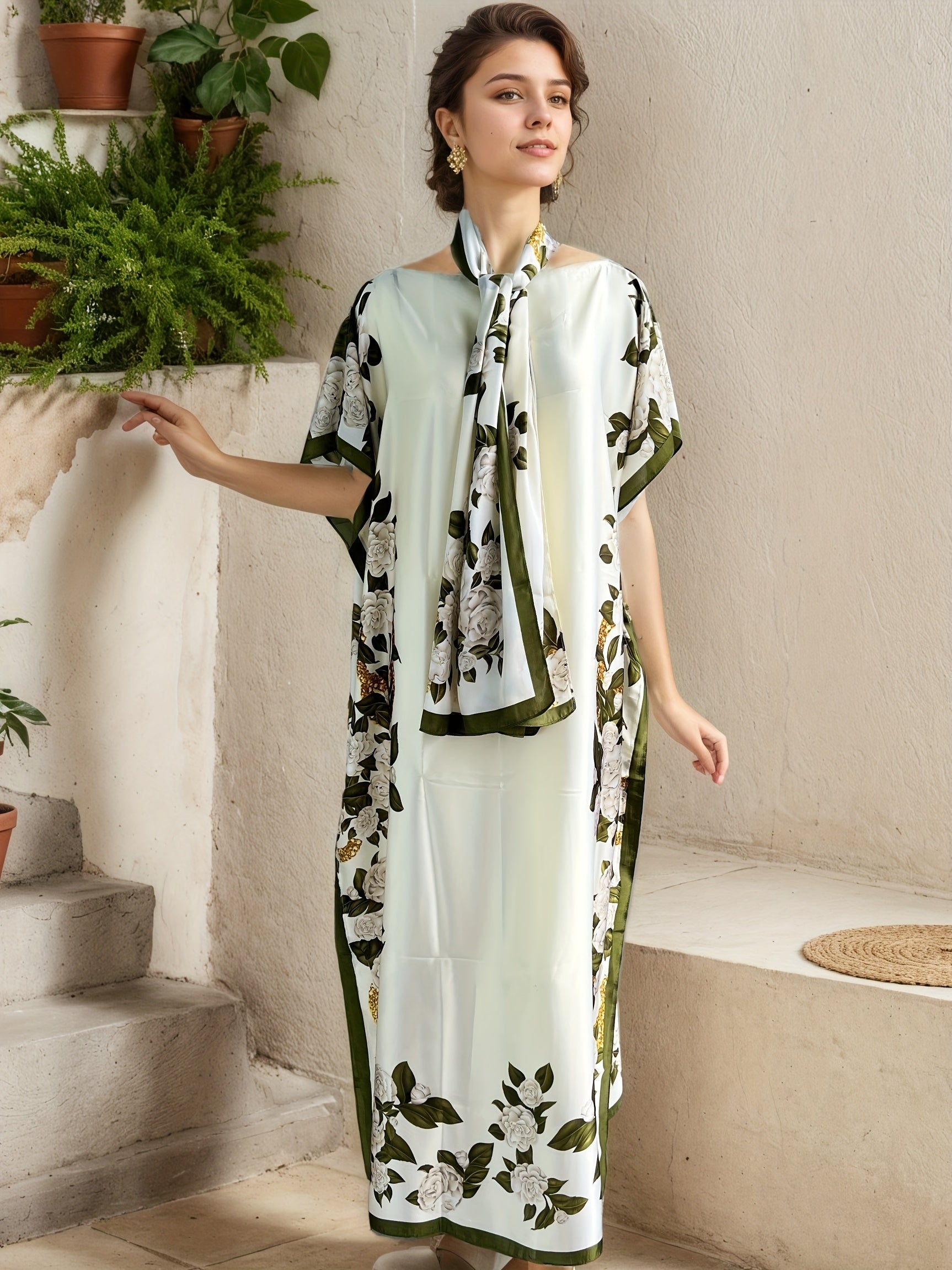 Plus Size Women Maxi Dress Peach Floral Print Shawl Collar Batwing Sleeves