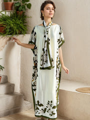 Plus Size Women Maxi Dress Peach Floral Print Shawl Collar Batwing Sleeves