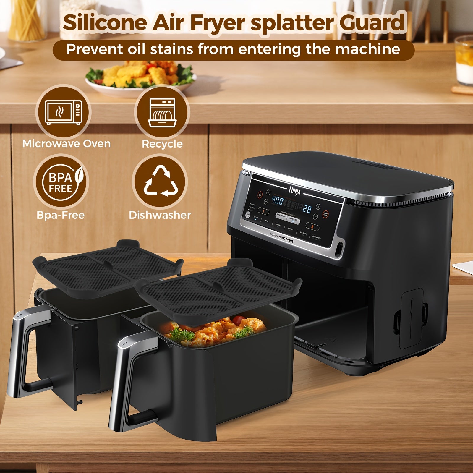 Silicone bilan qoplangan zanglamaydigan po'latdan yasalgan splash guardlar, havo frayer uchun, 2 ta paket, AF400EU AF451EU DZ401 bilan mos keladi