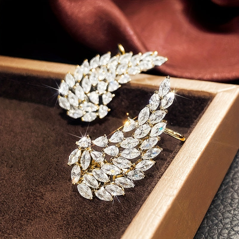 Minimalist Gold Leaf Ear Clips with Zirconia Inlays for Women