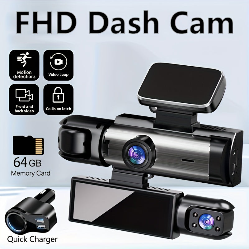 Car Dash Cam with 64G High-Speed Memory Card HD Dual Front and Rear Recording 3.16-Inch IPS Screen