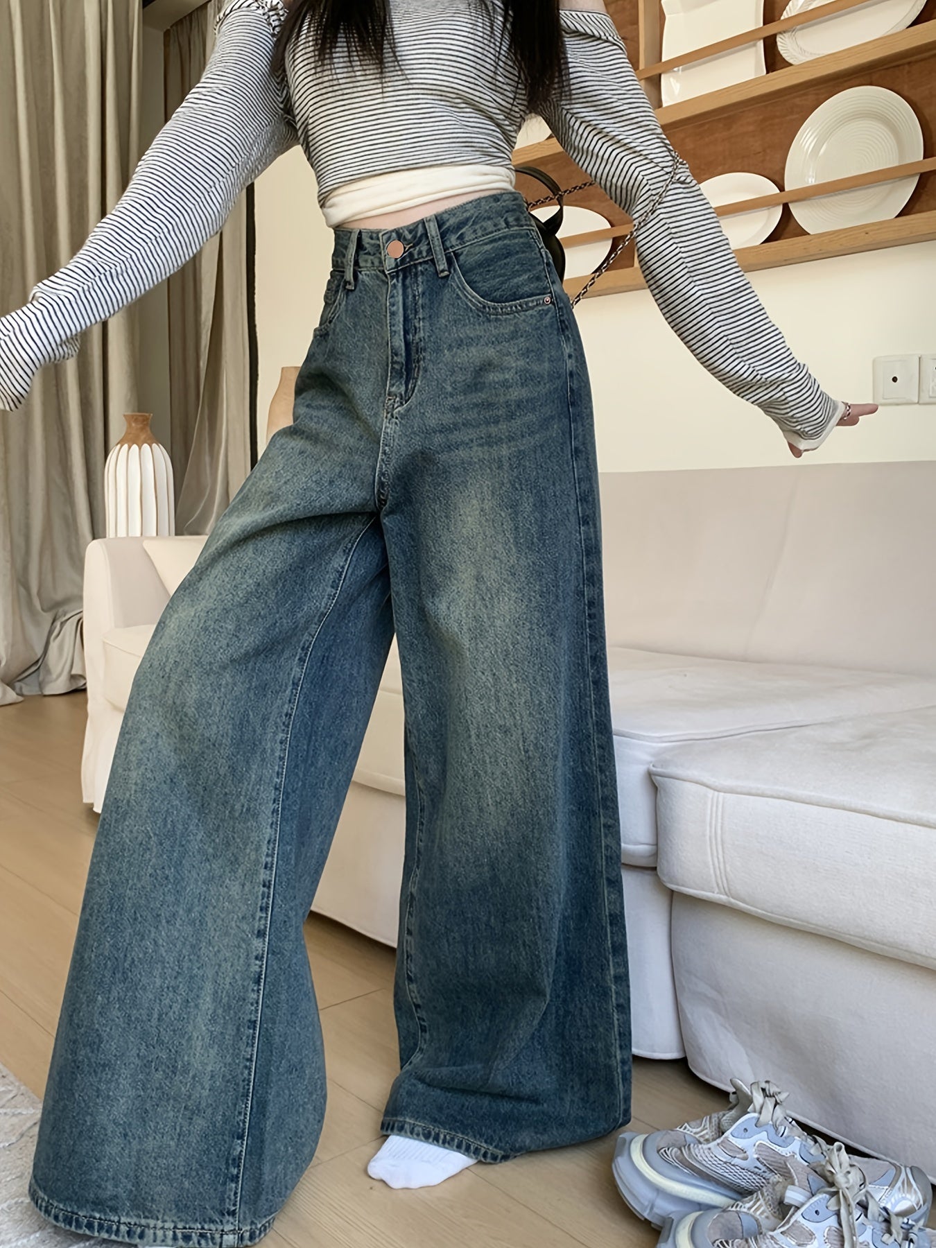 Jeans de mezclilla de tiro alto y pierna ancha para mujer, casual, de color sólido, sin elasticidad, con cierre de cremallera, para todas las estaciones