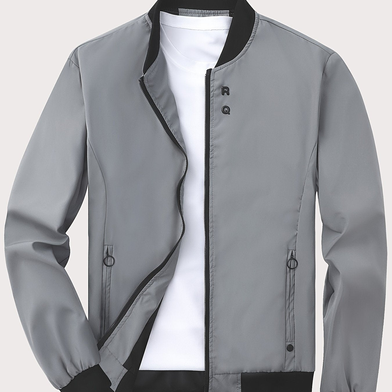 Men's Solid Color Polyester Zipper Jacket with Stand Collar Long Sleeves Casual All-Season