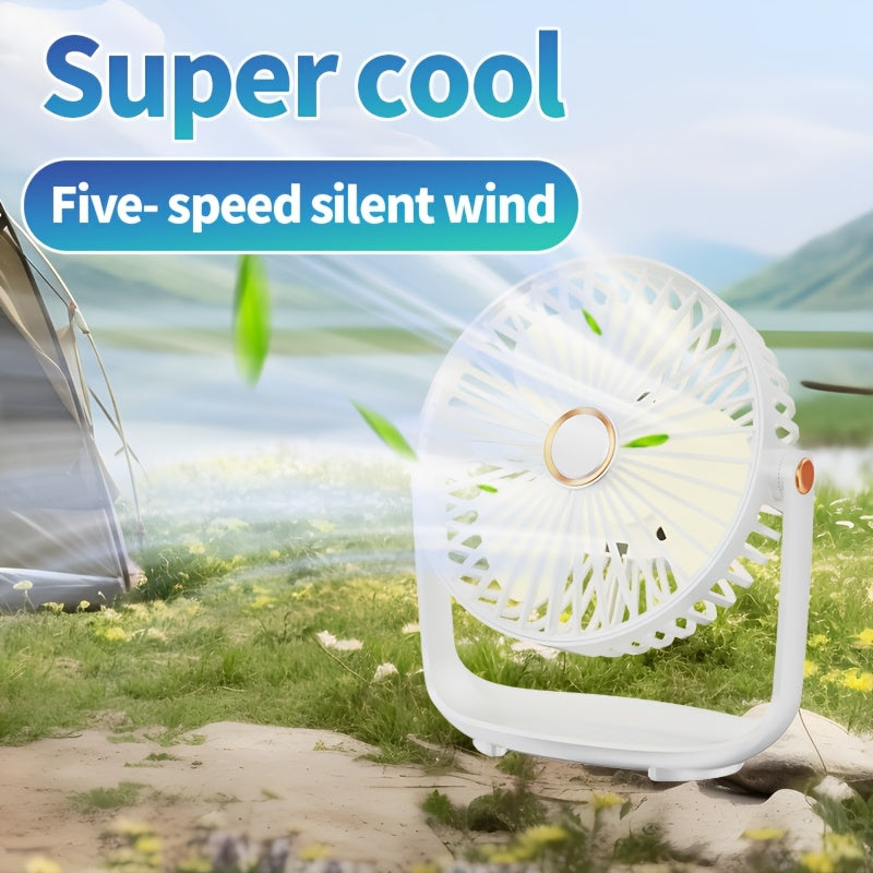 Mini Portable Table Fan with 5 Speeds, Night Light, USB Rechargeable