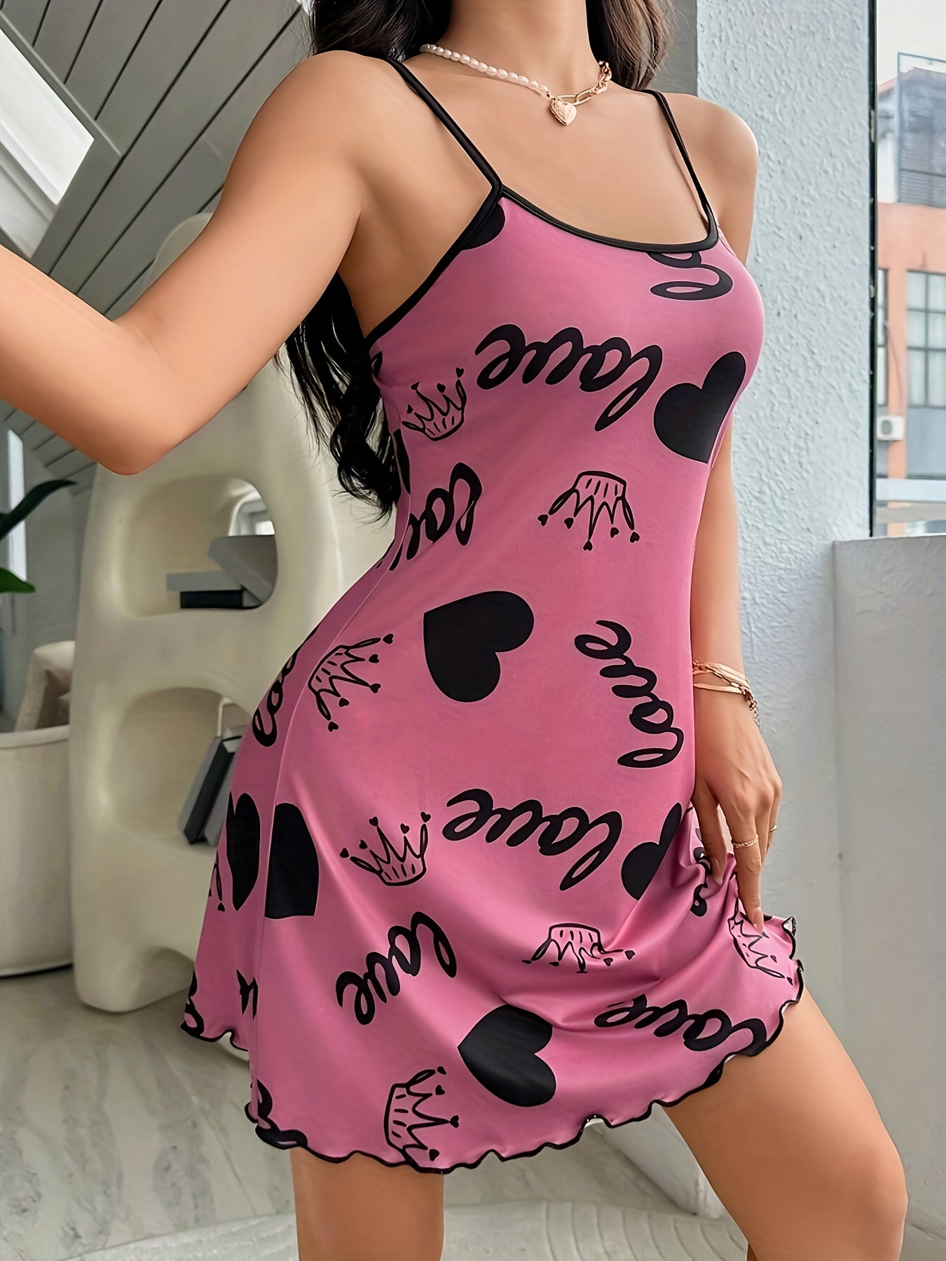 Pink Sleeveless Nightdress for Teens with Heart and Crown Print Polyester Blend Casual Loungewear