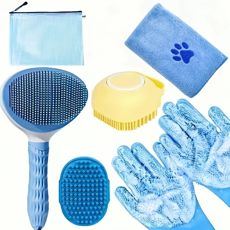 Dog Grooming Kit 6-Piece Silicone Bath Brush Microfiber Towel Shedding Tool for Pets