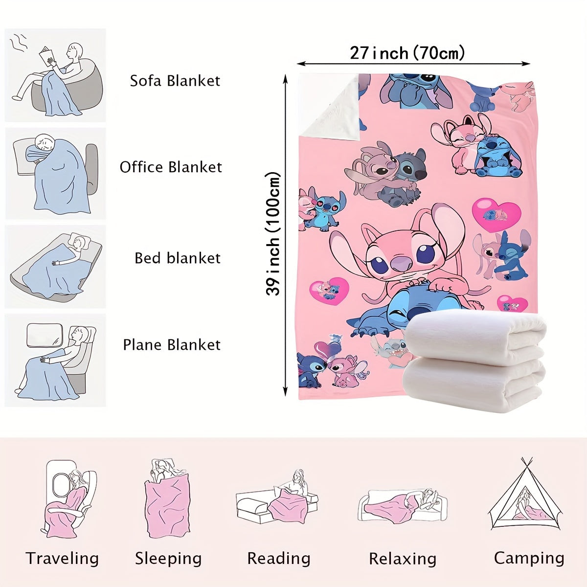 Pink Heart Stitch Cartoon Blanket Multi-Functional Knit Polyester Throw for Bedroom Couch Car