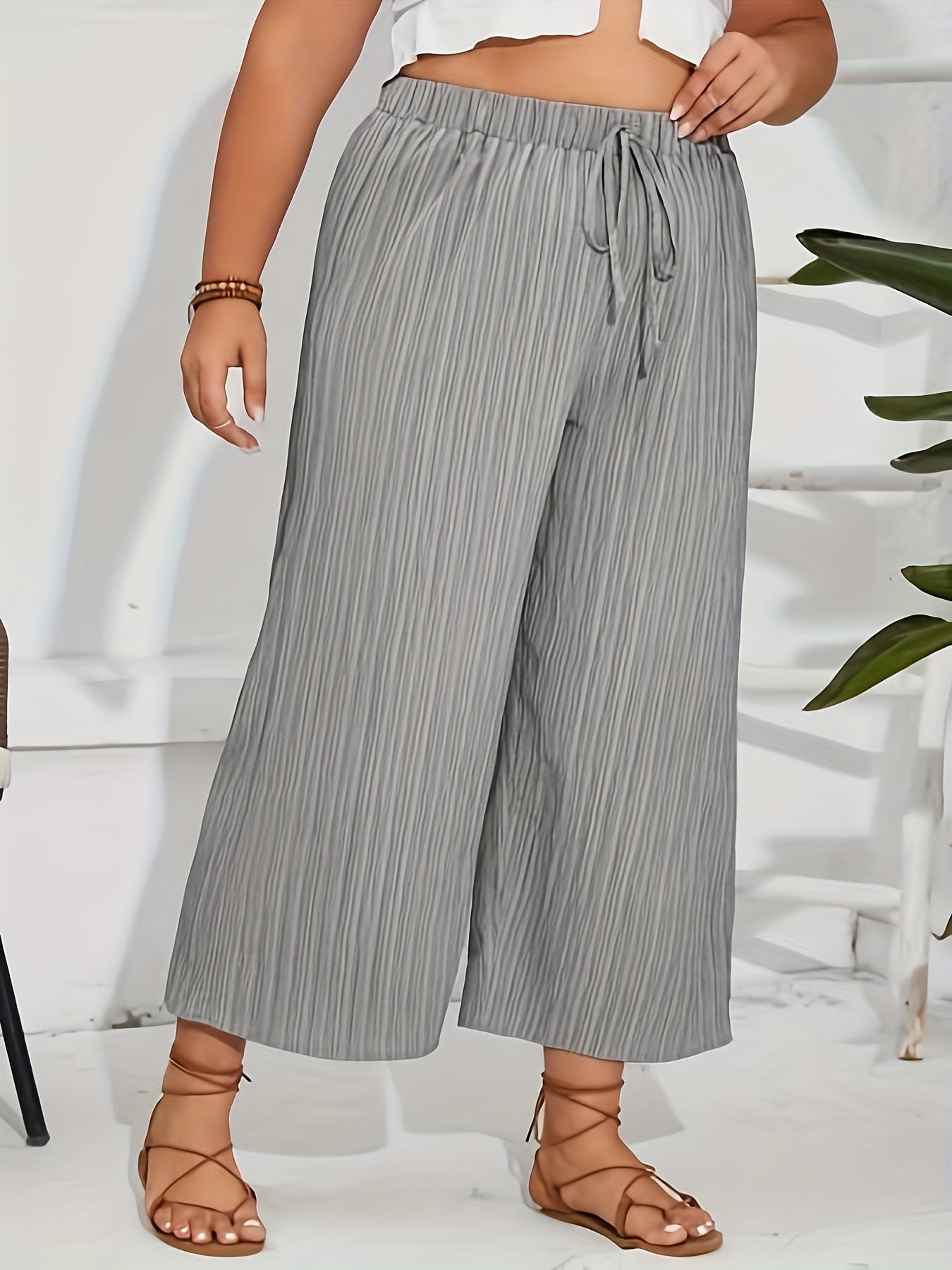 Women's Plus Size Drawstring Wide Leg Pants Solid Color Casual Lightweight
