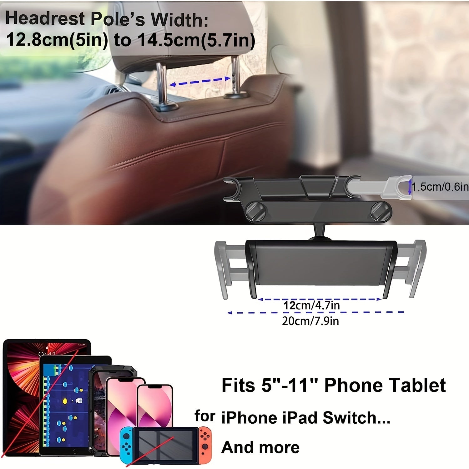 Universal Car Headrest Tablet Mount Adjustable Swivel for Ipad Phone