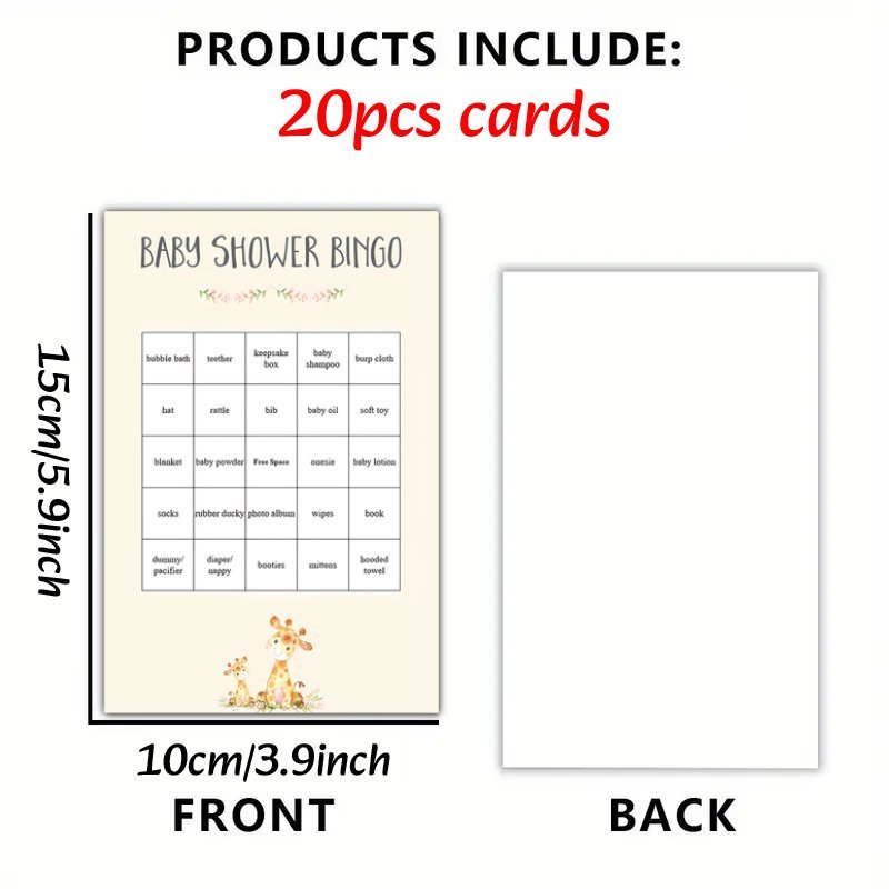 20 ta Bolalar To'y Bingo Kartalari to'plami, Chiroyli Gullar bilan Bezaklangan Jirafa Dizayni. Oila va Do'stlar uchun Qiziqarli O'yin, Kutilayotgan Onalar va Mehmonlar uchun Mukammal!