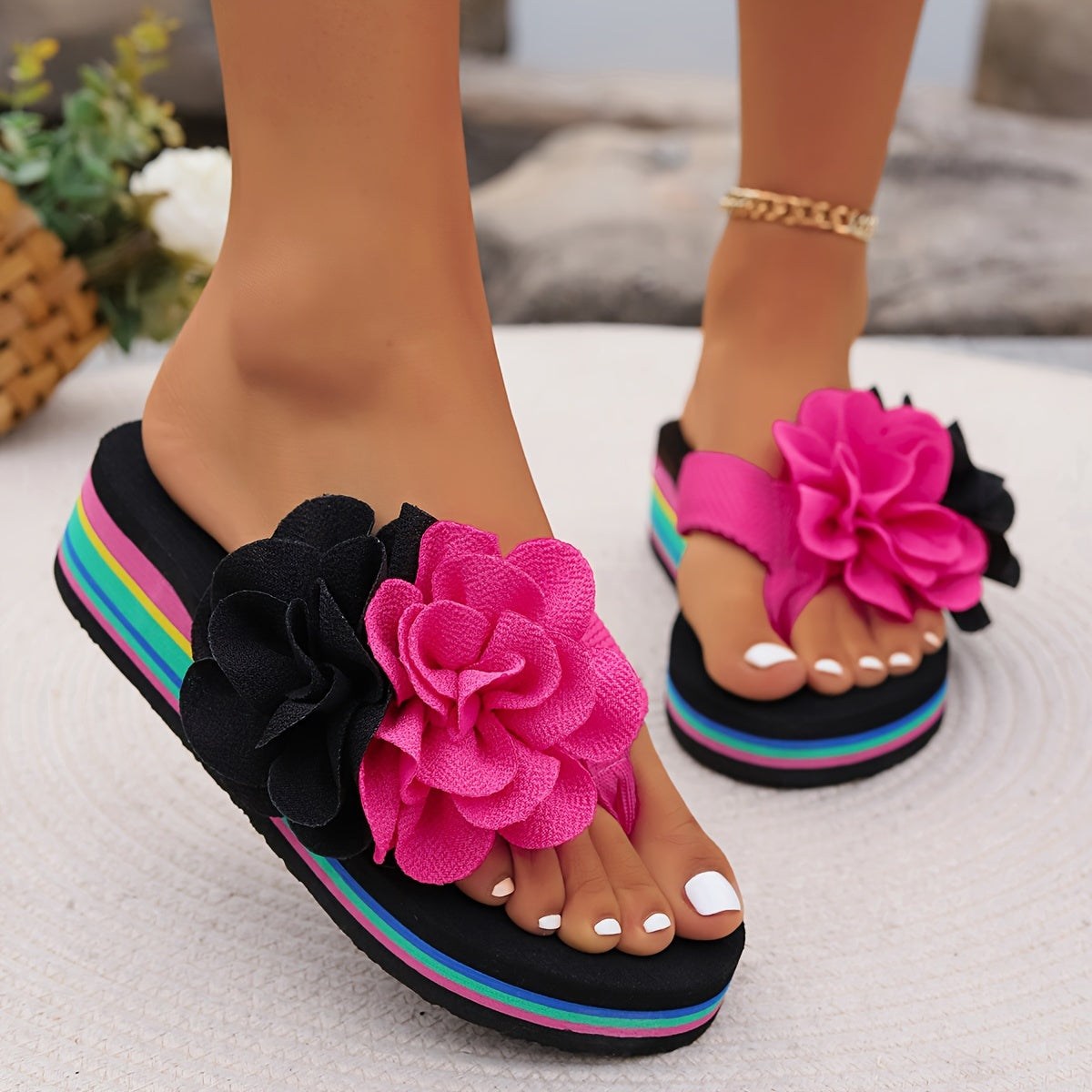 Women's Flip Flops Platform Slides Non-slip Wedge Floral | Vacation Beach