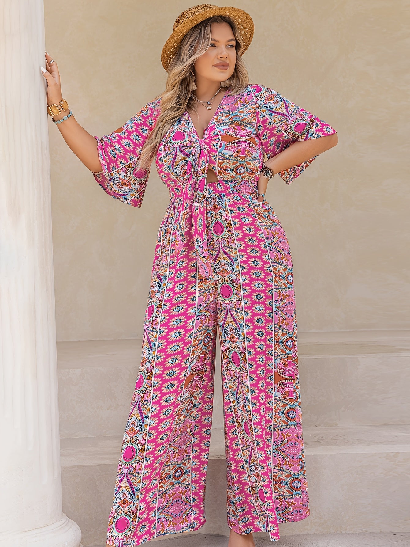 Plus Size Women's Bohemian Floral Print V-Neck Jumpsuit Long Sleeve
