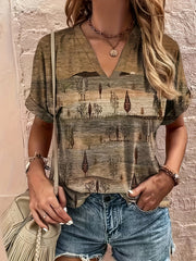 Plus Size Boho Chic V-Neck T-Shirt for Women Ethnic Print Summer Casual Knit Polyester Spandex