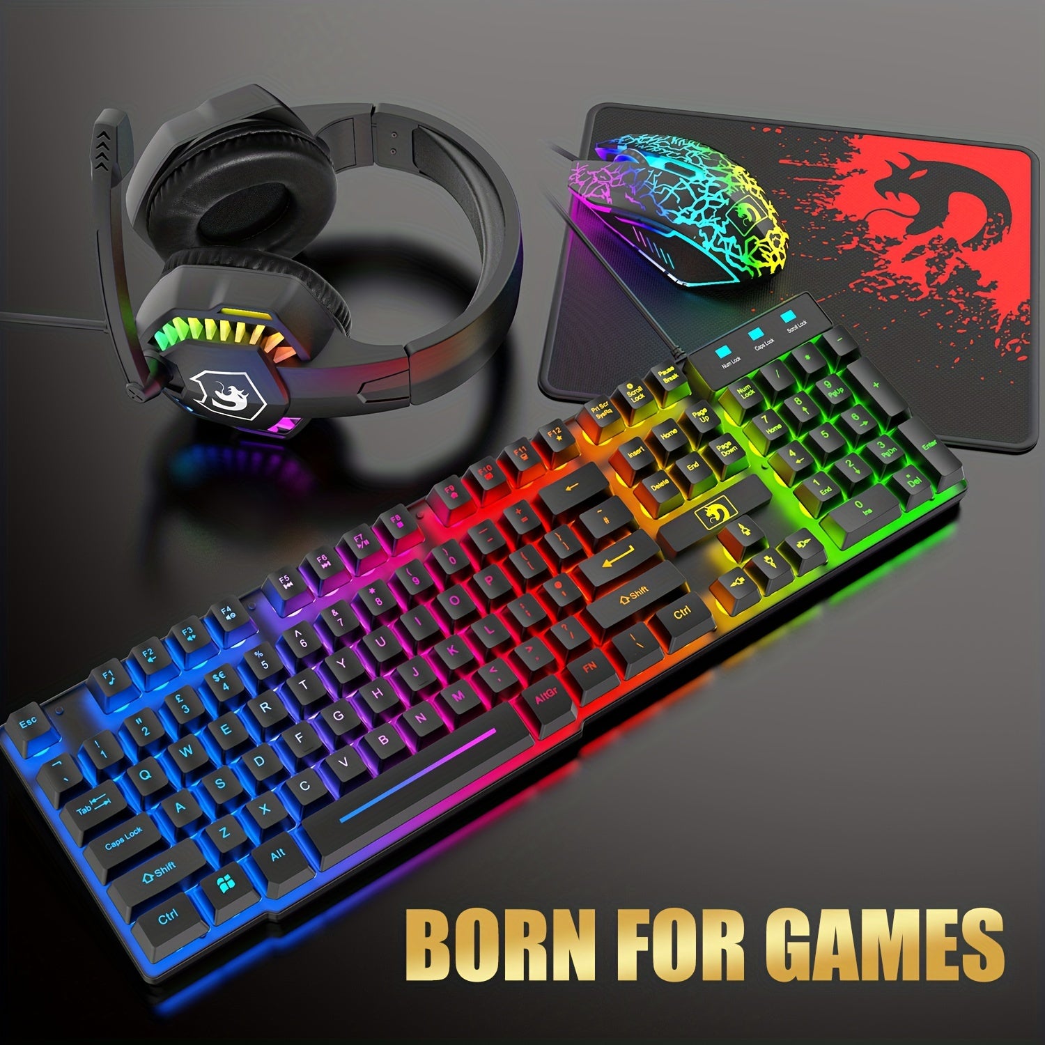 Wired Gaming Keyboard and Mouse Set with Rainbow LED Backlit Headset and Mouse Pad for PC, Mac, PS4, Xbox