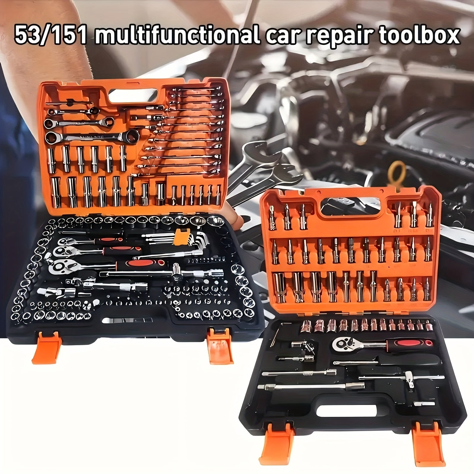 53/151 Piece Multi-Purpose Car Repair Tool Set with Metal Accessories in Red
