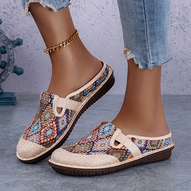 Women's Linen Slippers With Embroidered Colorful Pattern, Soft Sole, Casual