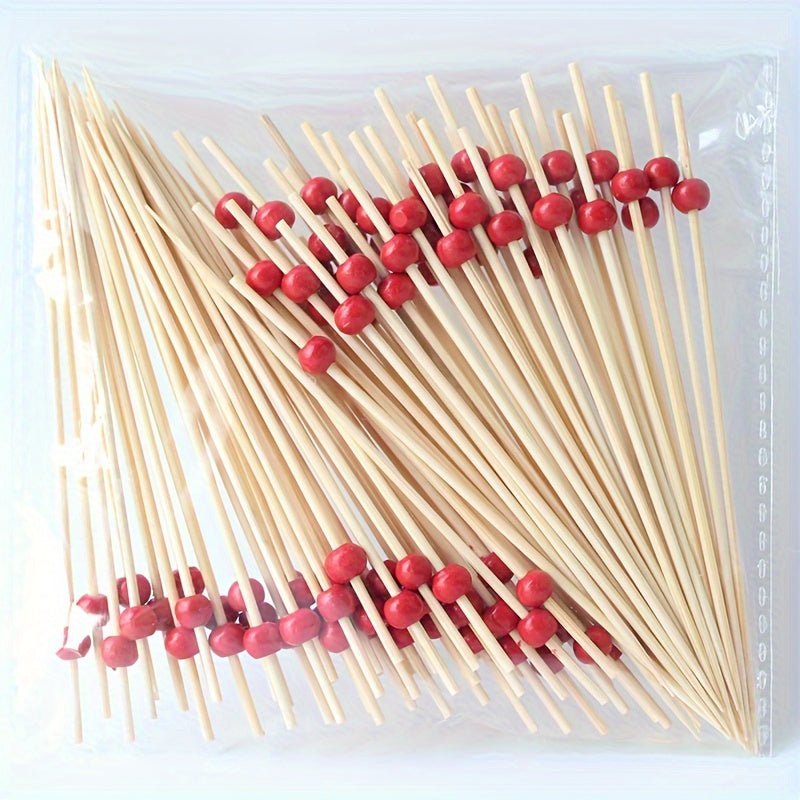 High-Quality Bamboo Cocktail Picks with Red Beads Disposable Fruit Skewers for Parties