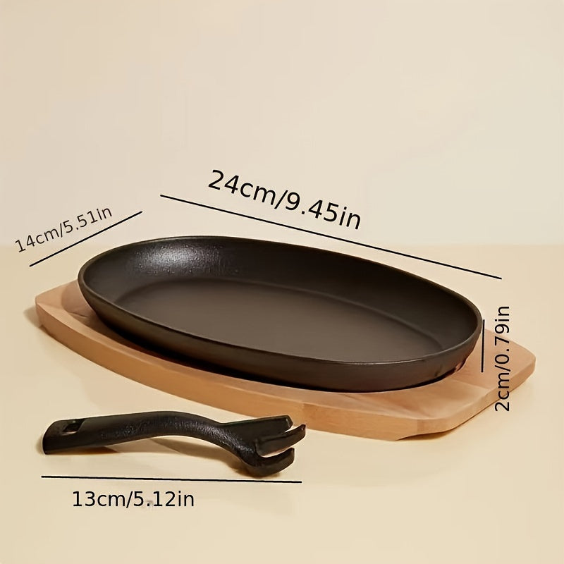 Cast Iron Skillet Set with Wooden Base and Iron Fork for Steak Griddle Cooking Uncoated
