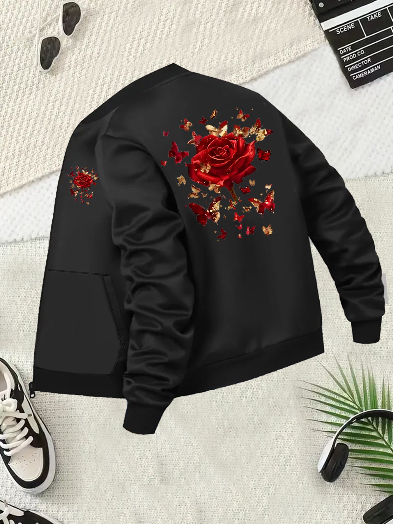 Women's Plus Size Floral Print Bomber Jacket Long Sleeve Zip-Up Black Red Roses Butterflies