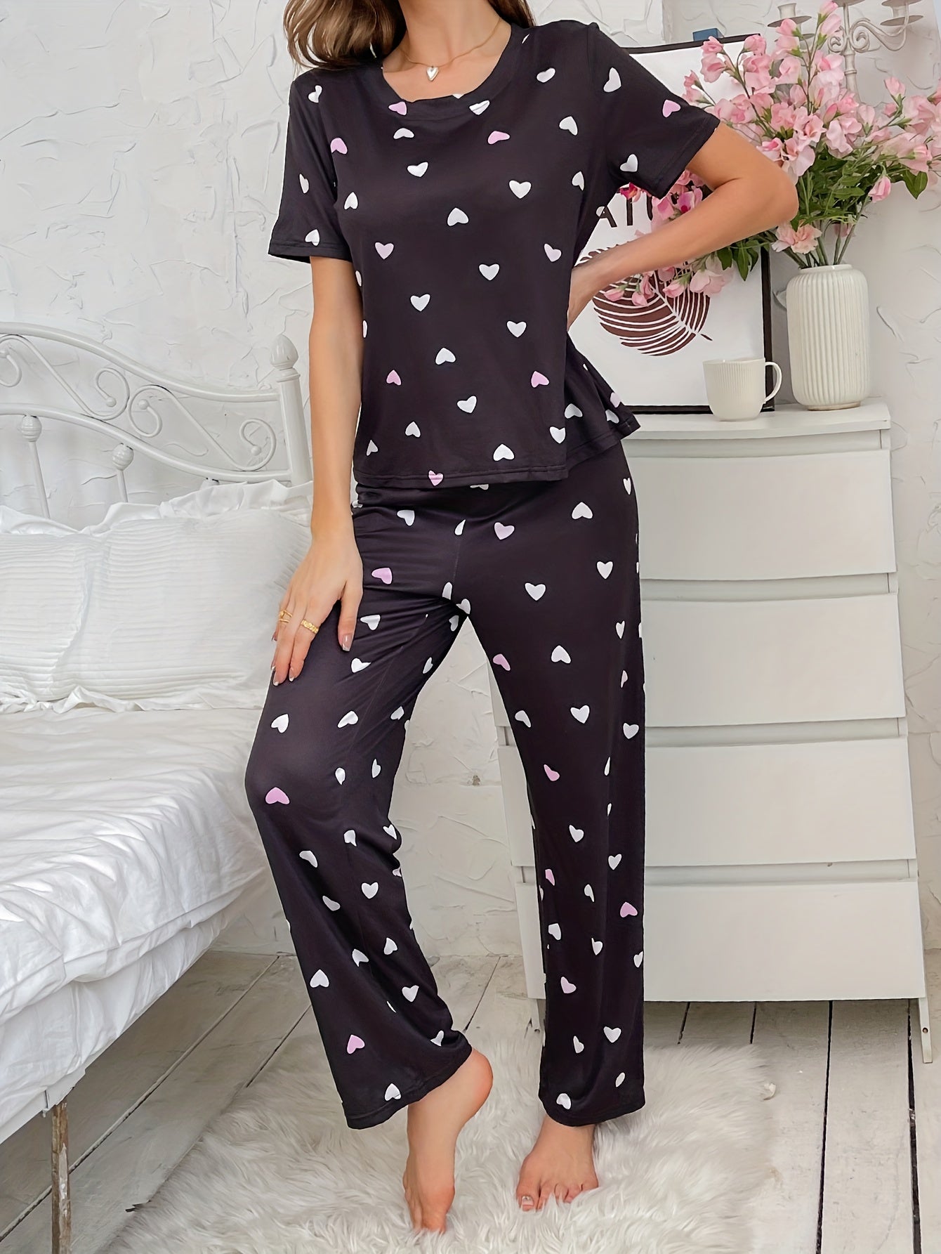 Women's Heart Print Pajama Set Short Sleeve Top Elastic Waist Pants Summer Sleepwear Loungewear