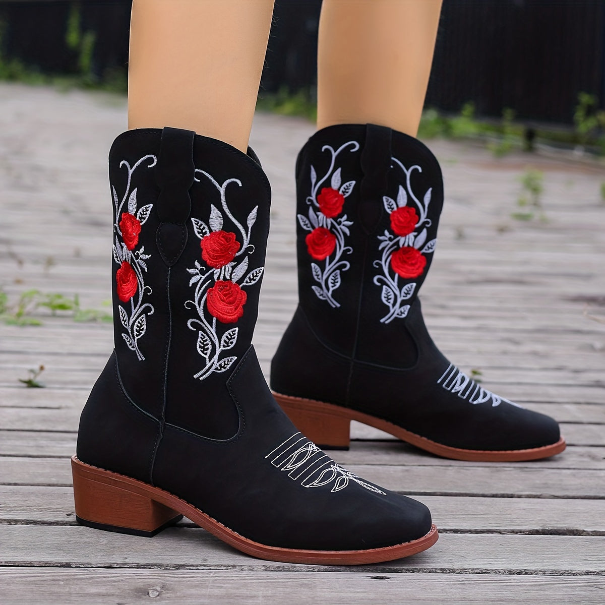 Women Embroidered Western Cowboy Boots Black Red Floral Mid-Calf Comfortable Slip-On