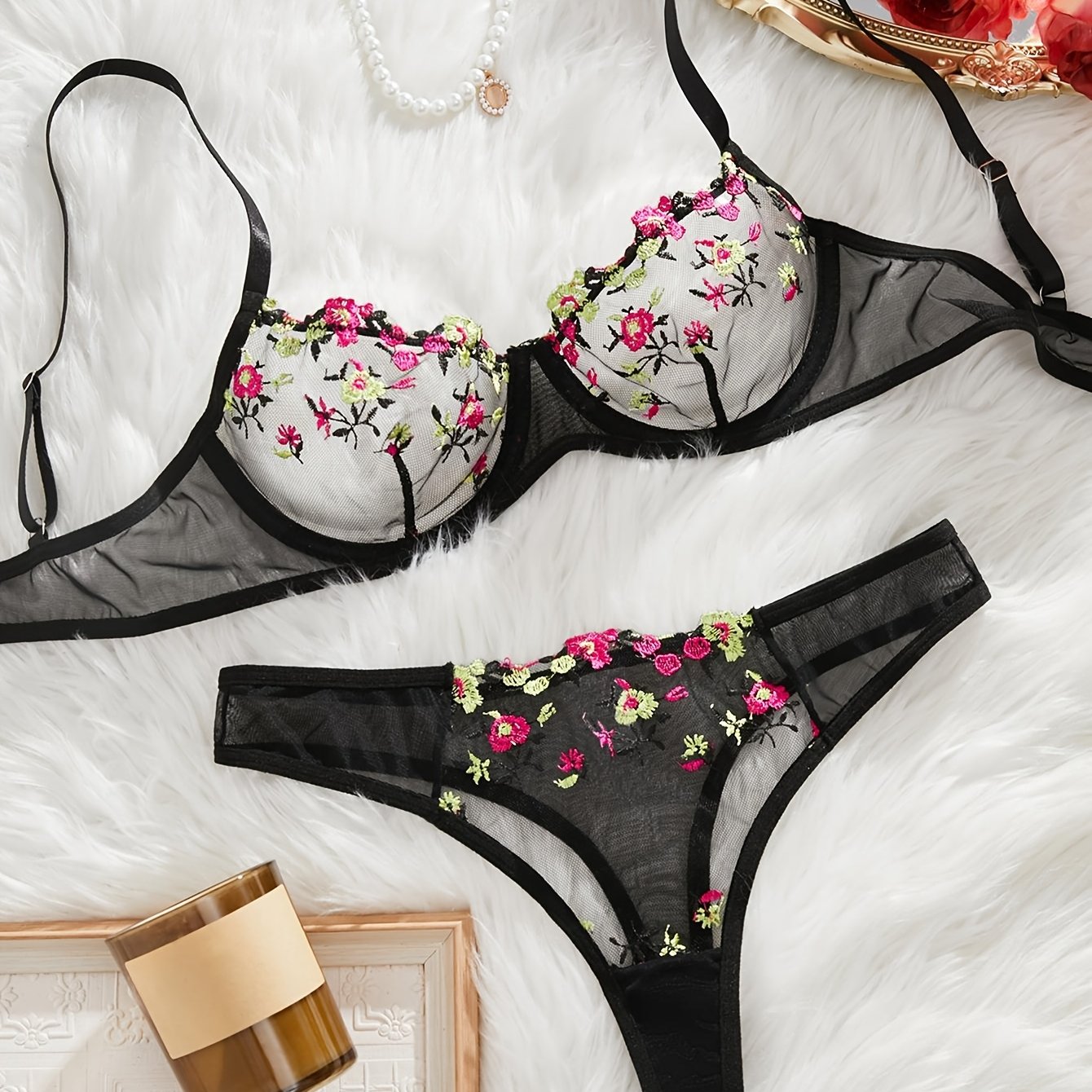 Women's Floral Embroidered Lingerie Set Polyester Knit Mesh Bra Drop Waist Briefs