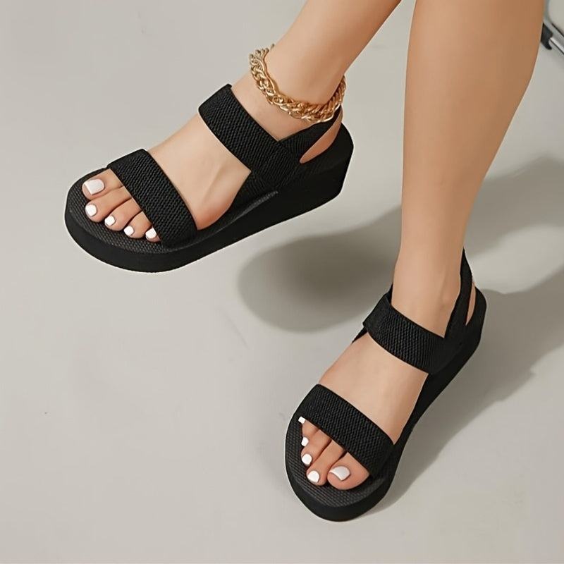 Women Black Wedge Sandals Open Toe Summer Casual Strappy