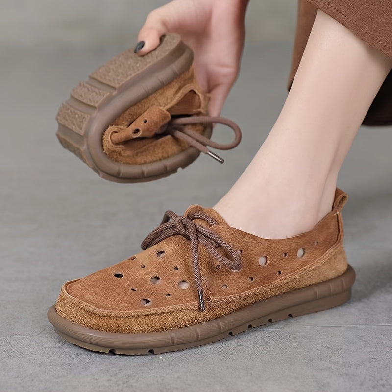 Women's Leather Loafers with Perforated Design and Rubber Sole Brown Summer Casual Shoes