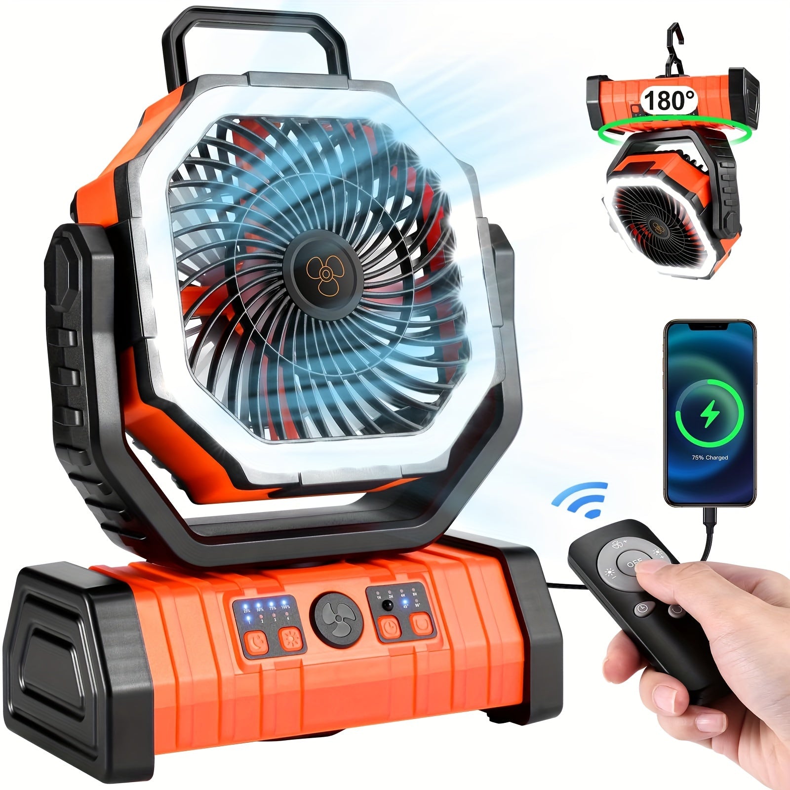 Portable Camping Fan with LED Light and 20000mAh Battery, 4-Speed, Rechargeable USB, Hexagonal Design, Orange and Black