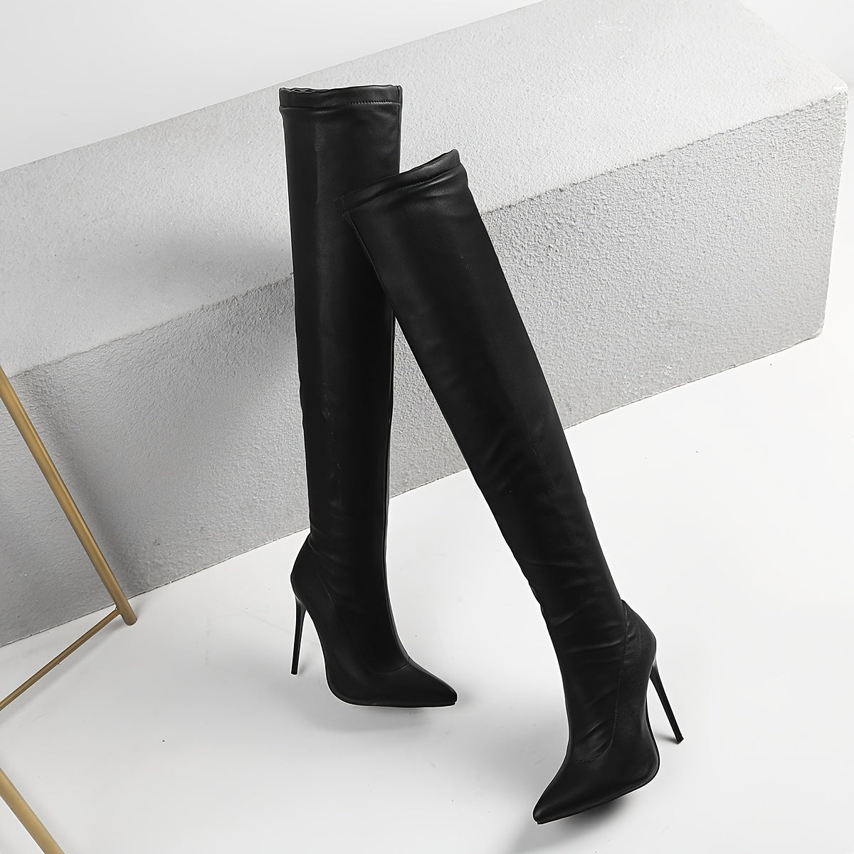 Women's Black Synthetic Over-the-Knee Stiletto Boots Pointed Toe Heel