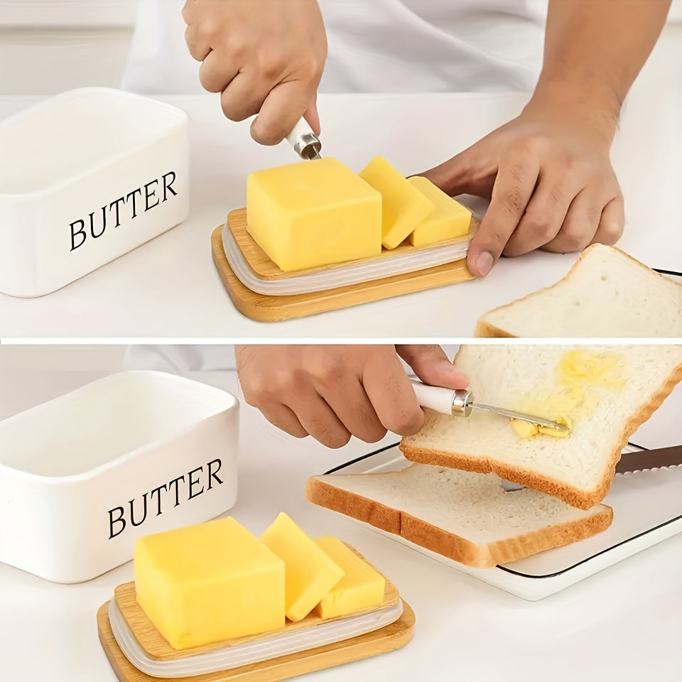 Ceramic Butter Dish Set with Bamboo Lid and Knife, Airtight Countertop Storage
