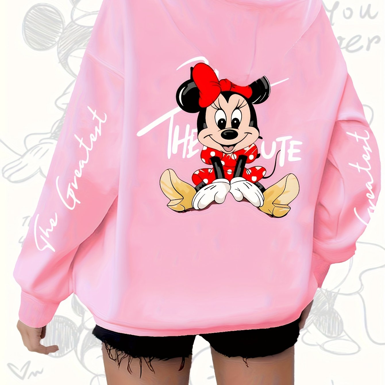 Women's Red Hoodie with Mickey Mouse Print Zip Casual Fall Winter