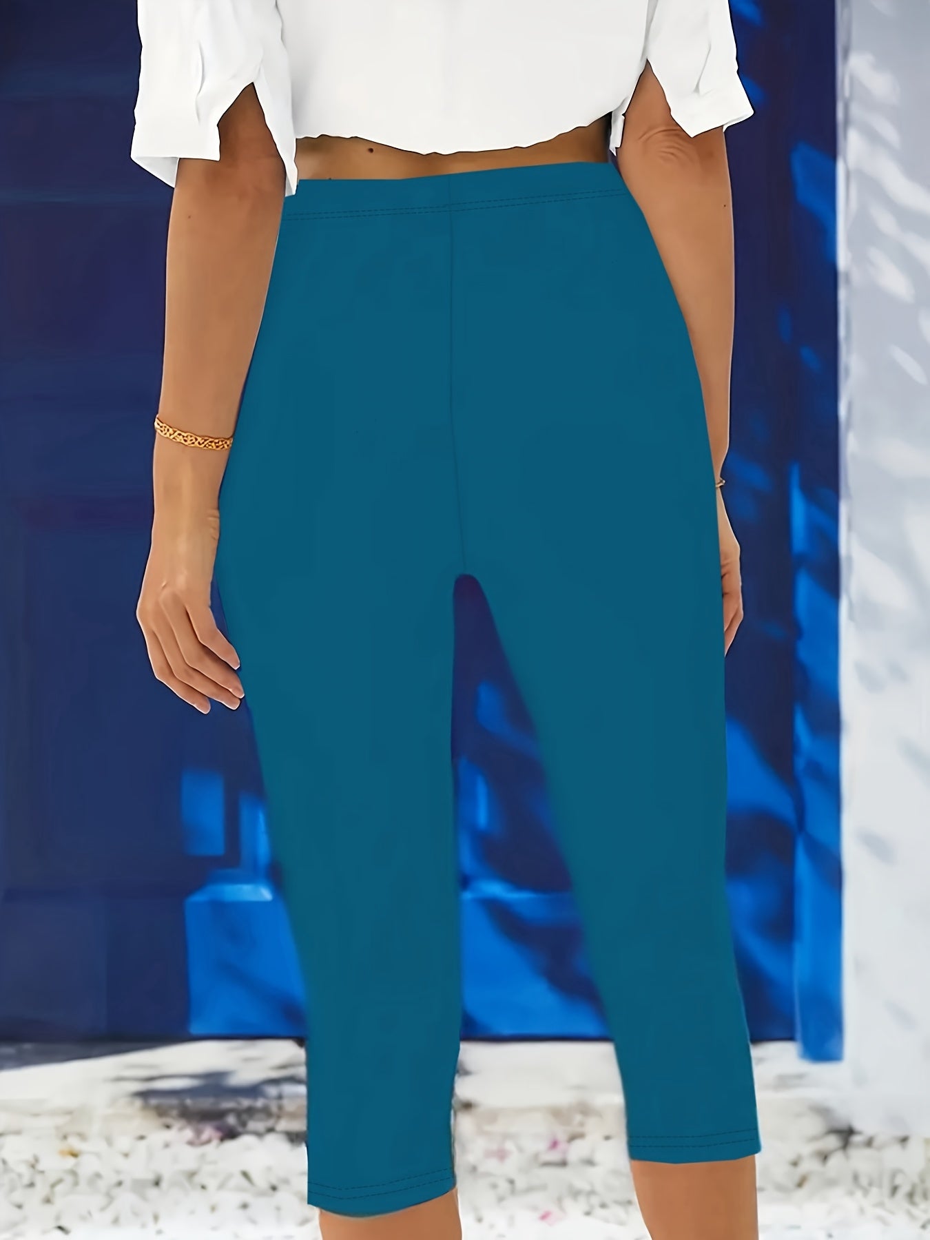 Plus Size Women's Stretchy High-Waisted Capri Leggings Solid Color Casual Pants