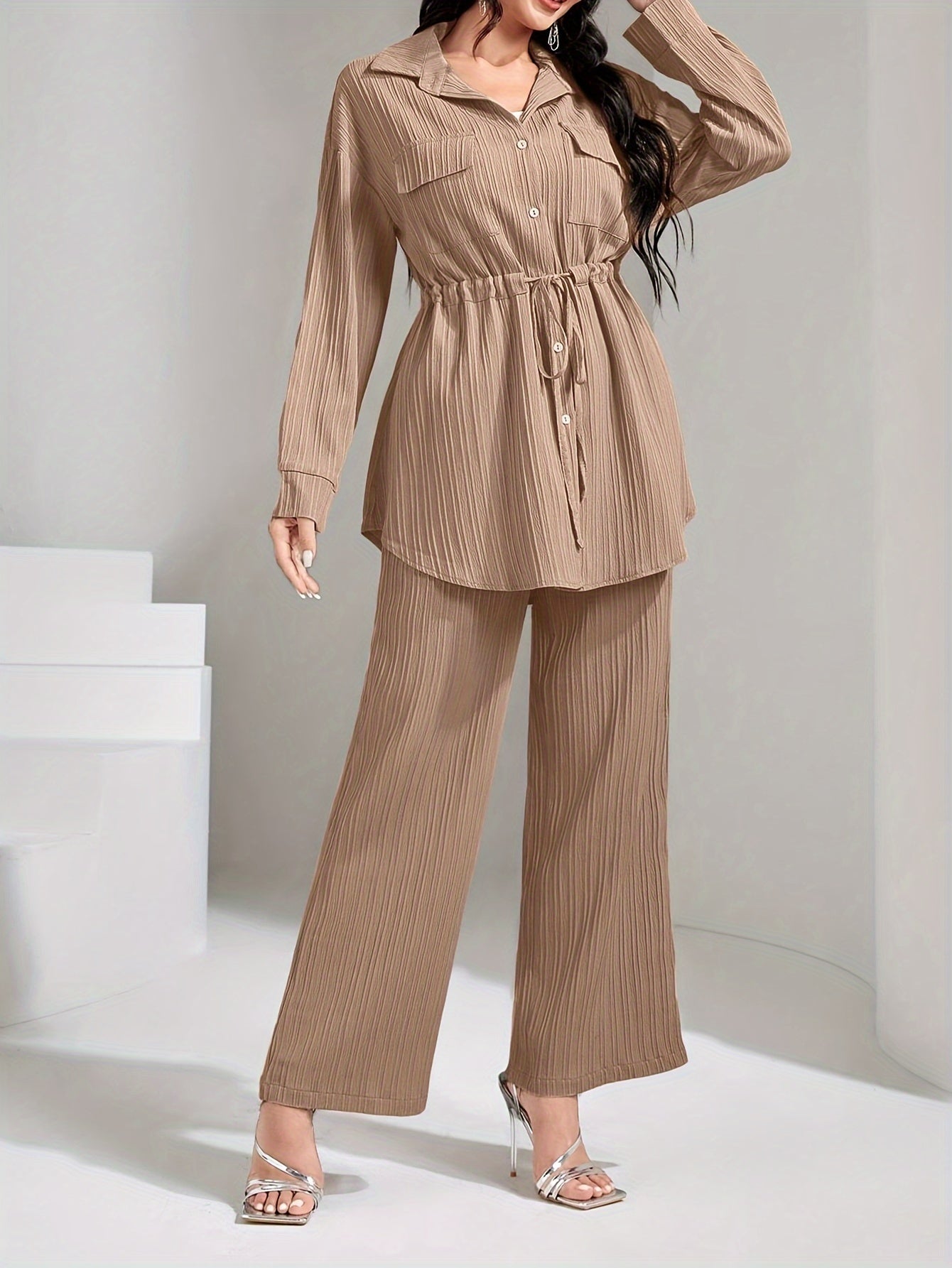 Women's Polyester Suit with Lapel Collar Solid Color Woven Fabric Long Sleeve Wide Leg Pants for Spring Fall