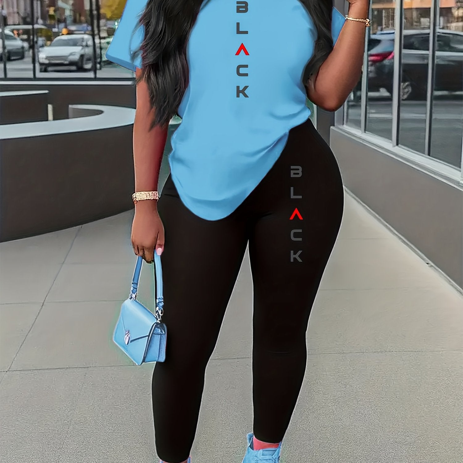 Women's Summer Sports Set Long Pants Short Sleeve Letter Print Elastic