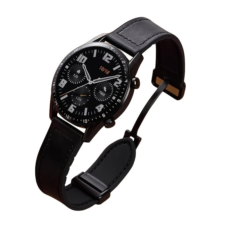 Sintetik charmli smart soat tasmasi, 22mm/20mm o'lchamda Samsung, Garmin, Xiaomi va Huawei kabi turli brendlar bilan mos keladi. Zamonaviy uniseks dizayni, suvga chidamli va magnit xususiyatlariga ega.