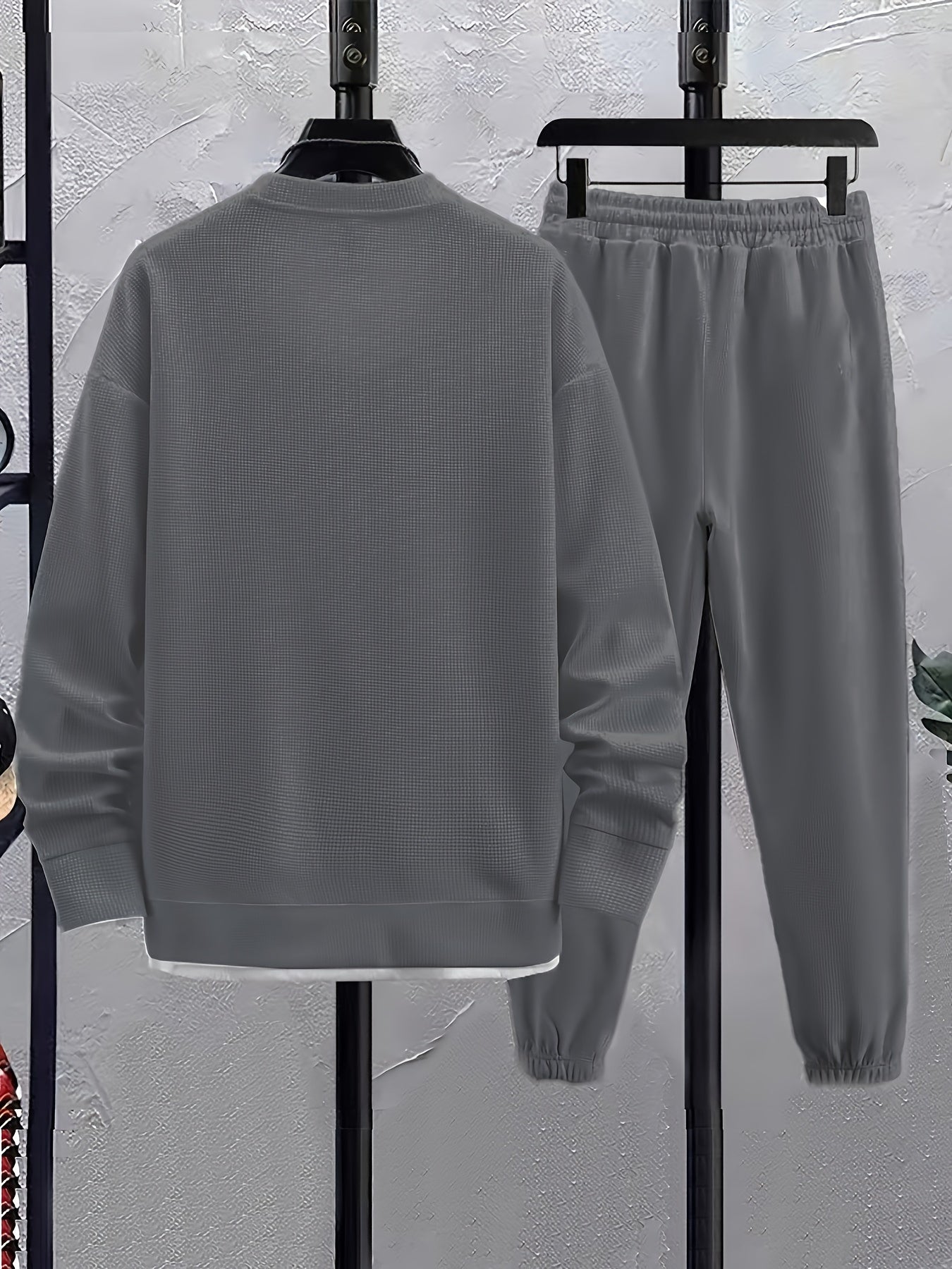 Men's Casual Polyester Sweatsuit Set with Crew Neck Waffle Print Alphabet Pattern Spring Fall Knit Fabric