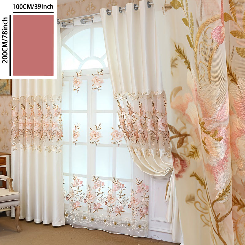 Pink Floral Embroidered Sheer Curtain for Living Room and Bedroom 1 Piece