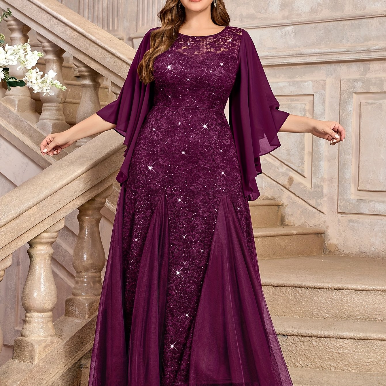 Elegant Floral Mermaid Dress with Butterfly Sleeves Sequin Lace Mesh Evening Gown