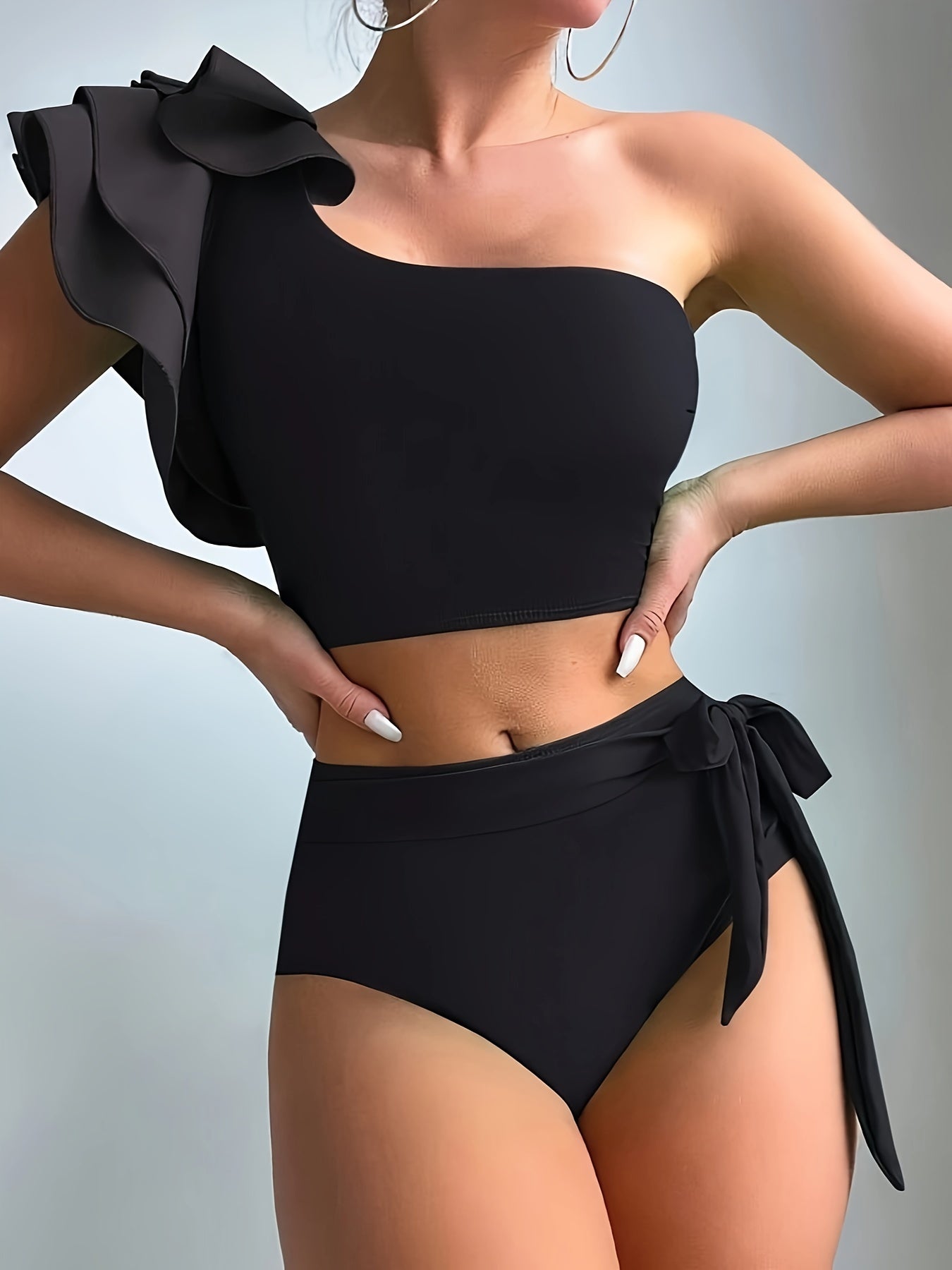 Women's High Stretch Ruffled Layered One Shoulder Tankini Set Swimsuit