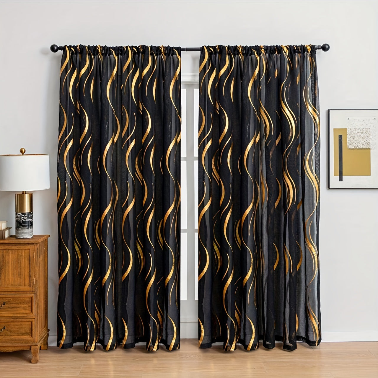 Black and White Water Ripple Pattern Curtain with Silver Hot Stamping for Window Screen