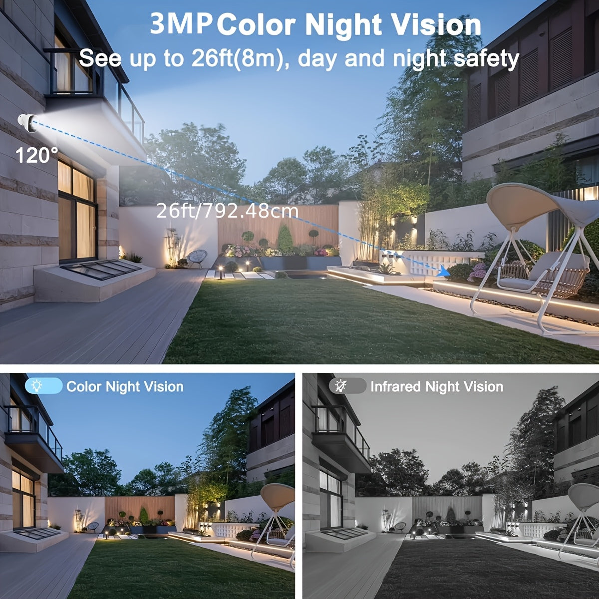 Wireless Outdoor Security Camera 3MP FHD Night Vision Spotlight Battery Solar Wi-Fi Two-Way Audio